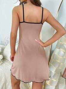 In Gấu Tương phản ràng buộc Ren Mộc nhĩ Váy ngủ hai dây - màu nâu - Xem 2