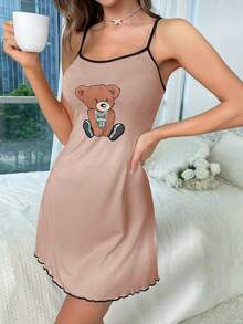 In Gấu Tương phản ràng buộc Ren Mộc nhĩ Váy ngủ hai dây - màu nâu - Xem 4