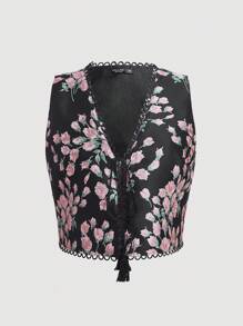 SHEIN MOD 大碼印花流蘇前繫帶夾克背心無襯衫 - 彩色 - 查看 1