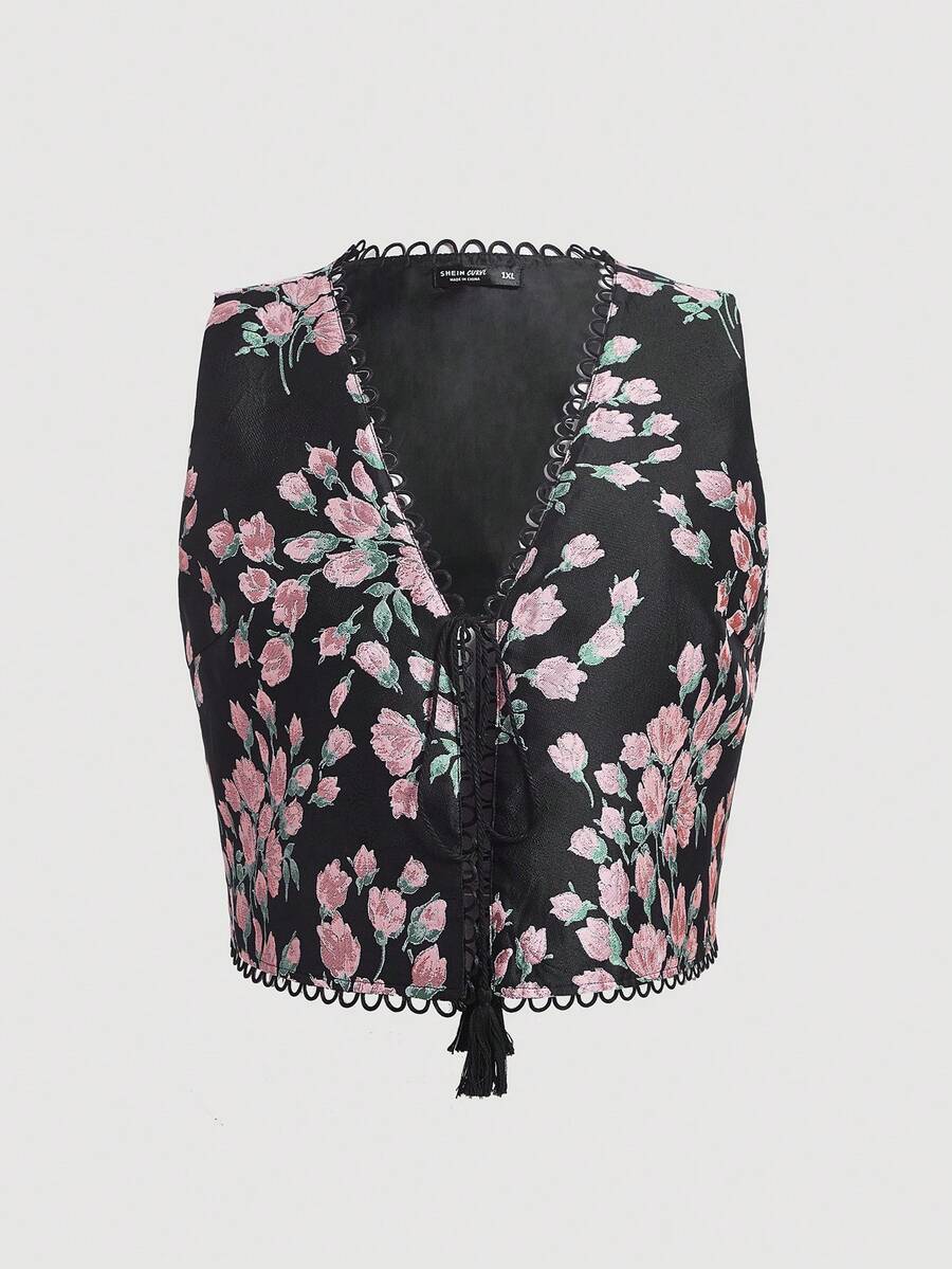 SHEIN MOD 大碼印花流蘇前繫帶夾克背心無襯衫 - 彩色 - 查看 1