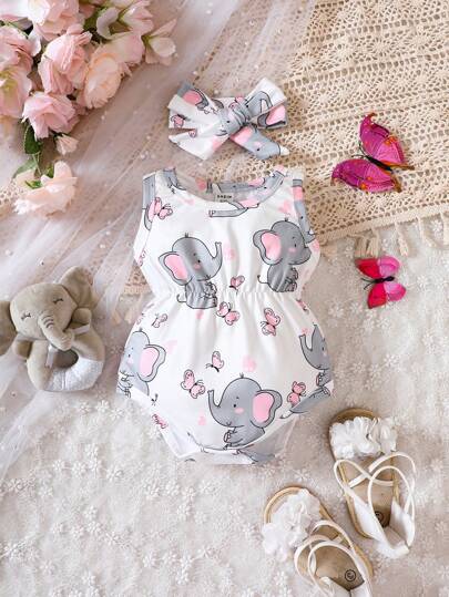 SHEIN Bebé niña Body con estampado de elefante con banda cabeza