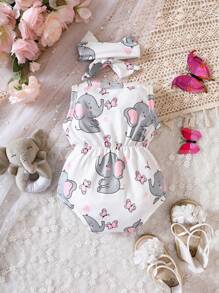 SHEIN 女嬰大象印花連身背心＆ 頭巾 - 粉色 - 查看 2