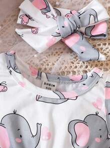 SHEIN 女嬰大象印花連身背心＆ 頭巾 - 粉色 - 查看 3