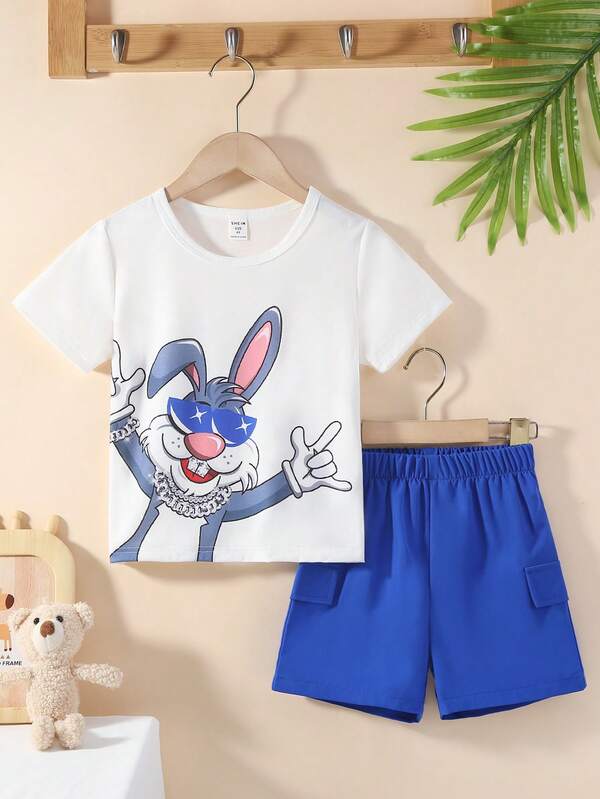 SHEIN 男小童卡通圖案T恤&翻蓋細節短褲