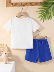 SHEIN 男小童卡通圖案T恤&翻蓋細節短褲 - 藍色 - 查看 2