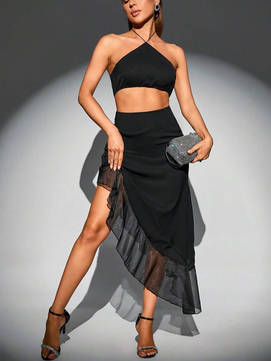 Zolique 後背繫帶掛脖上衣&荷葉邊不對稱下擺半身裙 - 黑色 - 查看 1