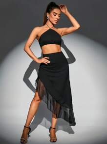 Zolique 後背繫帶掛脖上衣&荷葉邊不對稱下擺半身裙 - 黑色 - 查看 5