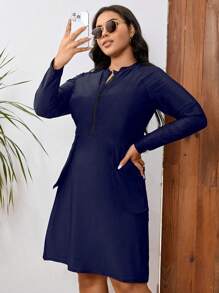 Swim Mulvari Plus Solid Half Zip Dual Pocket Swimsuit - Navy Blue - View 6