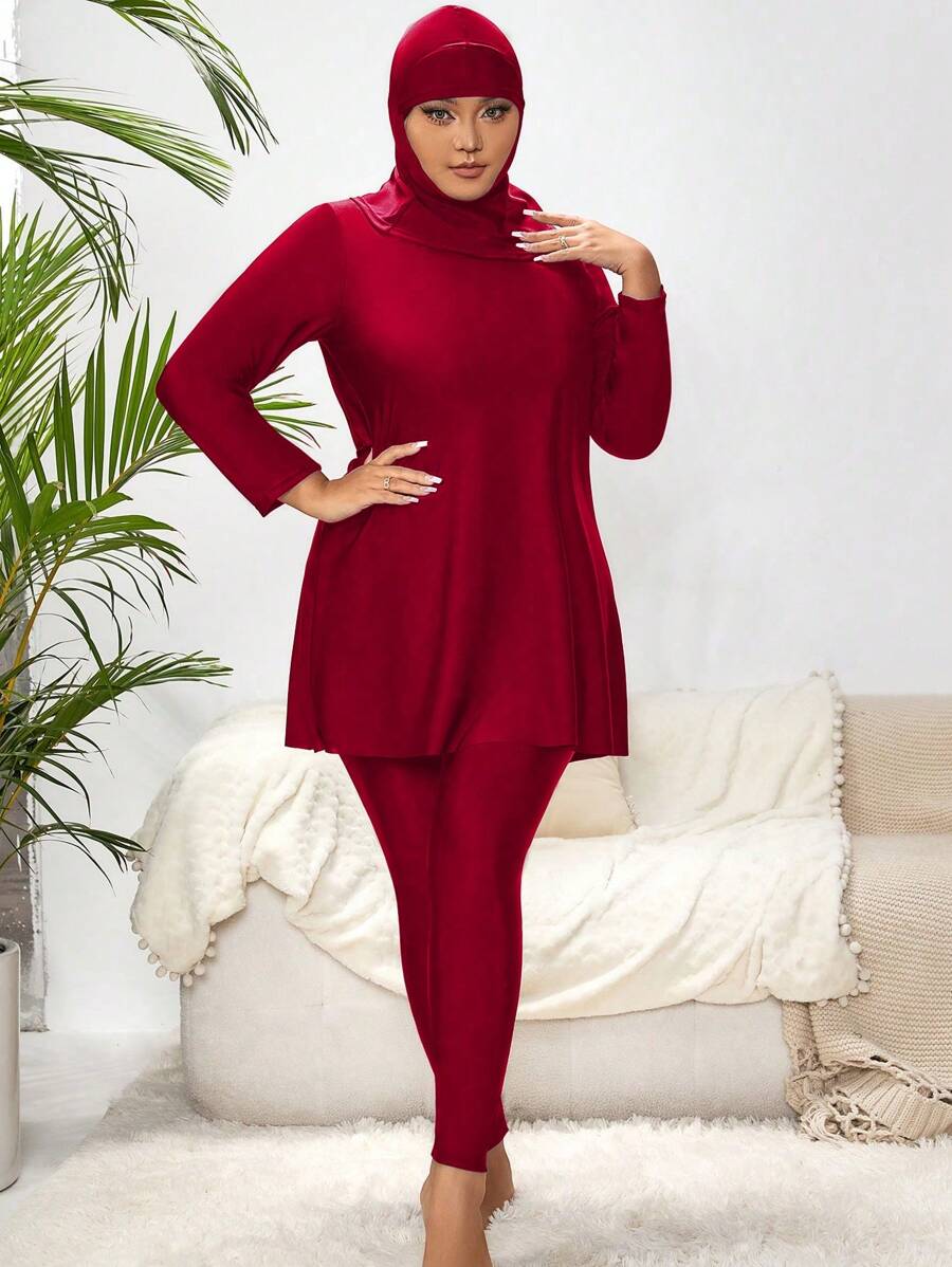 SHEIN Swim Curve Plus Solid Full Cover Burkini Swimsuit With Hat - Burgundy - View 1
