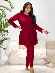 SHEIN Swim Curve Plus Solid Full Cover Burkini Swimsuit With Hat - Burgundy - View 3