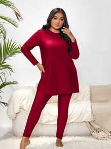SHEIN Swim Curve Plus Solid Full Cover Burkini Swimsuit With Hat - Burgundy - View 4