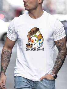 Hombres Camiseta con estampado de dibujos animados y letra - Blanco - Ver 1