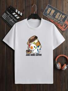 Hombres Camiseta con estampado de dibujos animados y letra - Blanco - Ver 3