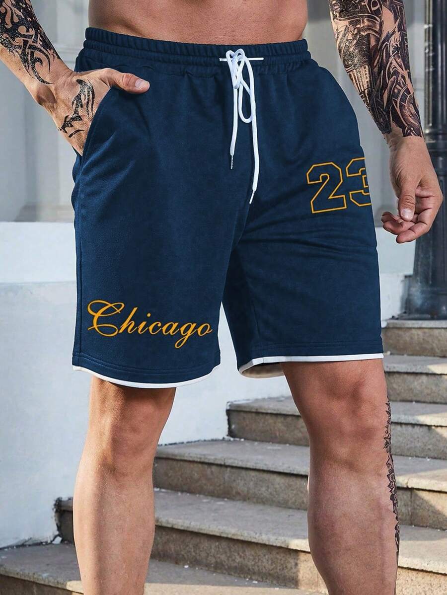 Manfinity LEGND Men Plus Letter Graphic Contrast Binding Drawstring Waist Shorts - Navy Blue - View 1