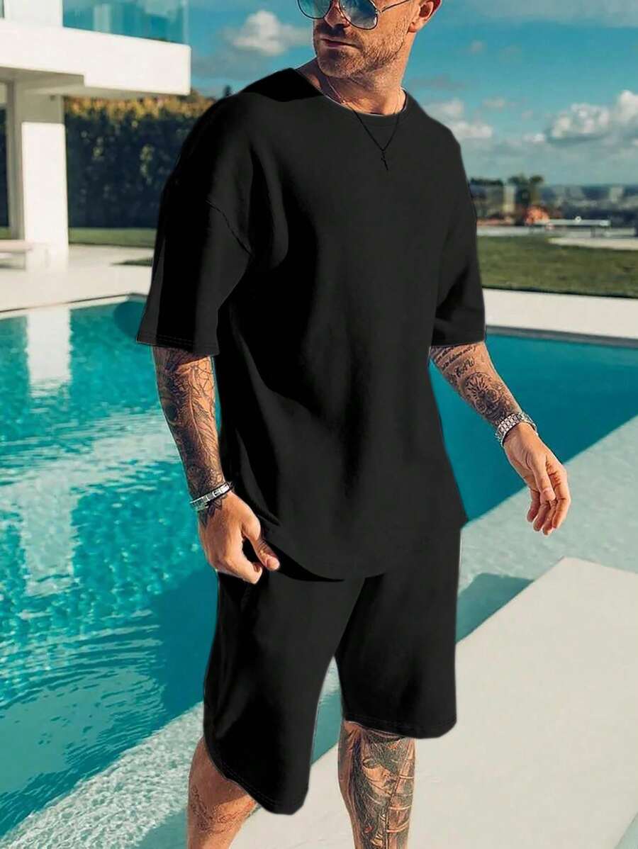 Manfinity Men Plus Solid Drop Shoulder Tee & Shorts - Black - View 1