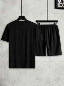 Manfinity Men Plus Solid Drop Shoulder Tee & Shorts - Black - View 2