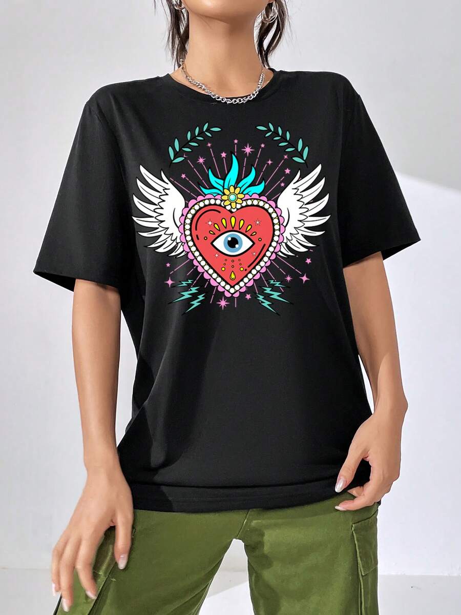 SHEIN EZwear Eye & Heart Print Tee - Black - View 1