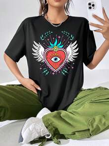 SHEIN EZwear Eye & Heart Print Tee - Black - View 4