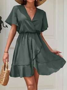 EURMUSE Solid Ruffle Hem Wrap Dress - Green - View 5