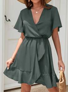 EURMUSE Solid Ruffle Hem Wrap Dress - Green - View 3