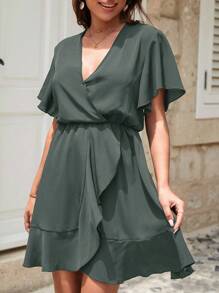 EURMUSE Solid Ruffle Hem Wrap Dress - Green - View 4