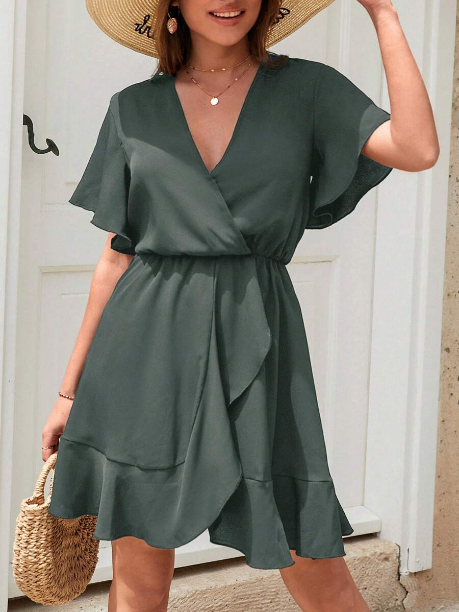 EURMUSE Solid Ruffle Hem Wrap Dress - Green - View 1