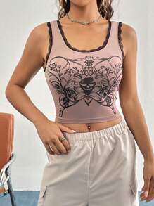 SHEIN Unity Skull Print Lace Trim Wide Strap Top - Mocha Brown - View 1