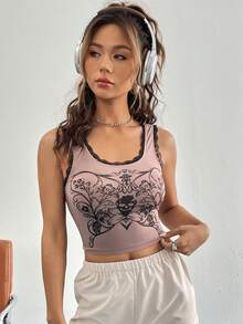 SHEIN Unity Skull Print Lace Trim Wide Strap Top - Mocha Brown - View 4