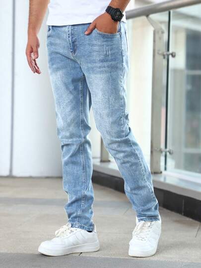男士斜口袋修身直筒牛仔褲