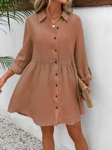 SHEIN Frenchy Đầm Nút phía trước màu trơn Dễ thương - Màu Hồng  San hô - Xem 1