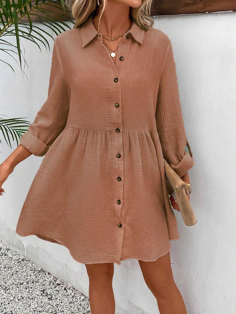 SHEIN Frenchy Đầm Nút phía trước màu trơn Dễ thương - Màu Hồng San hô - Xem 1