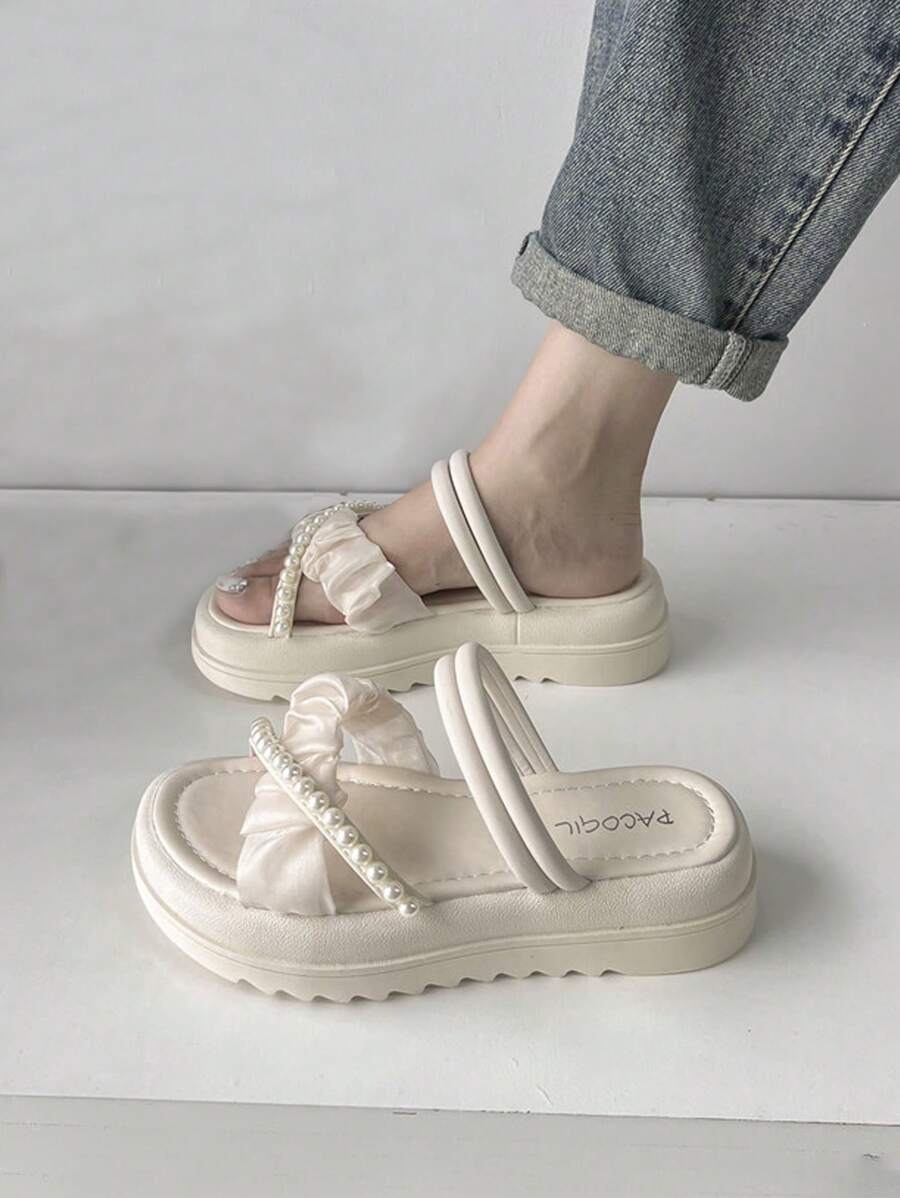 Phụ nữ Faux Pearl Decor dép trượt phẳng, dép mùa hè thời trang - Màu be - Xem 1