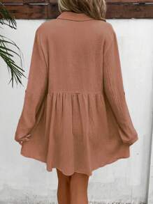 SHEIN Frenchy Đầm Nút phía trước màu trơn Dễ thương - Màu Hồng  San hô - Xem 2