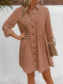 SHEIN Frenchy Đầm Nút phía trước màu trơn Dễ thương - Màu Hồng  San hô - Xem 3