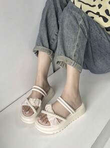 Phụ nữ Faux Pearl Decor dép trượt phẳng, dép mùa hè thời trang - Màu be - Xem 2