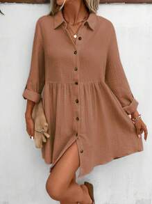 SHEIN Frenchy Đầm Nút phía trước màu trơn Dễ thương - Màu Hồng  San hô - Xem 4