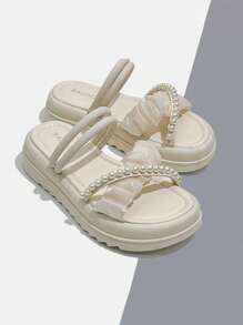 Phụ nữ Faux Pearl Decor dép trượt phẳng, dép mùa hè thời trang - Màu be - Xem 3