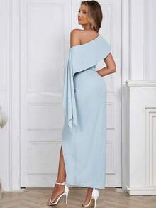Asymmetrical Neck Ruched Split Thigh Dress, Wedding Guest Dress - Baby Blue - View 2