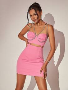 Ruched Bust Cut Out Front Cami Dress - Pink - View 6