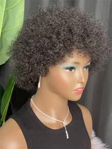 Afro Kinky Curly Pixie Cut Bangs Wig Natural Black Human Hair Short Wig Full Machine Made Wig Natural Looking Replacement Wig - SNatural - View 3