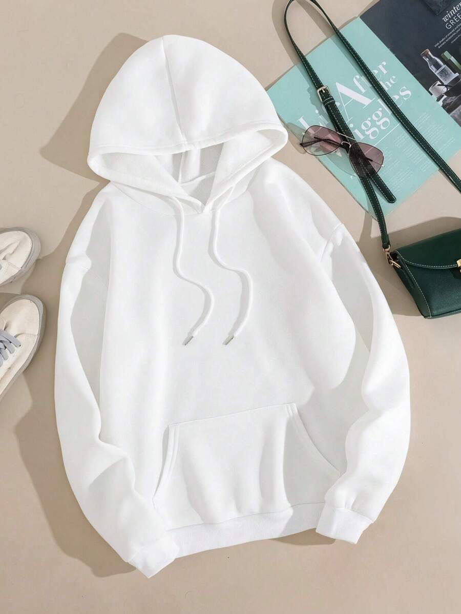 INAWLY Solid Kangaroo Pocket Hoodie,Long Sleeve Tops - White - View 1