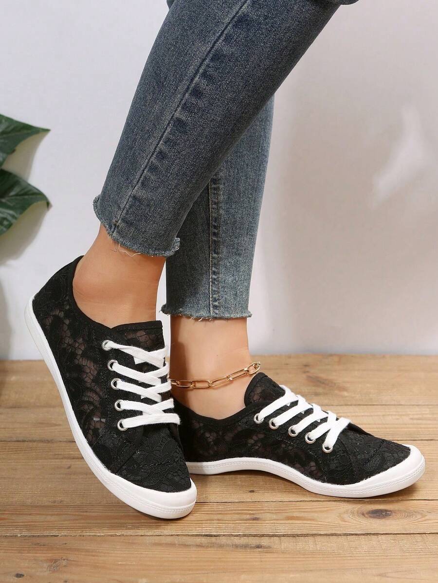 Của phụ nữ Đúng mốt Mềm mại Thoải mái Cổ điển Lace-up Chóp giầy tròn Giày thể thao , Giải trí Giày thể thao - màu đen - Xem 1