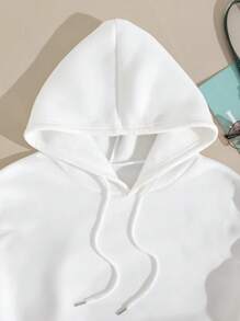INAWLY Solid Kangaroo Pocket Hoodie,Long Sleeve Tops - White - View 5