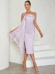 One Shoulder Draped Side Split Thigh Satin Dress