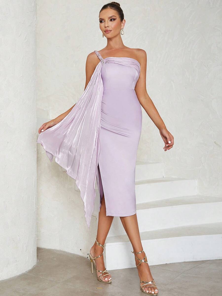 One Shoulder Draped Side Split Thigh Satin Dress