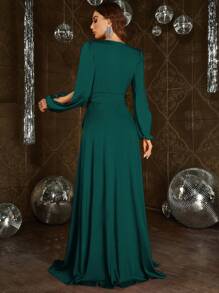 開衩袖腰帶長連衣裙 - 水鴨藍 - 查看 2