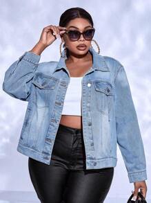 SHEIN SXY Plus Flap Pocket Denim Jacket - Light Wash - View 1