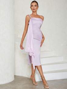 One Shoulder Draped Side Split Thigh Satin Dress