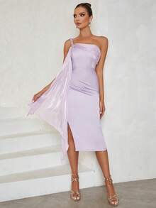 One Shoulder Draped Side Split Thigh Satin Dress