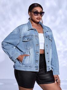 SHEIN SXY Plus Flap Pocket Denim Jacket - Light Wash - View 4
